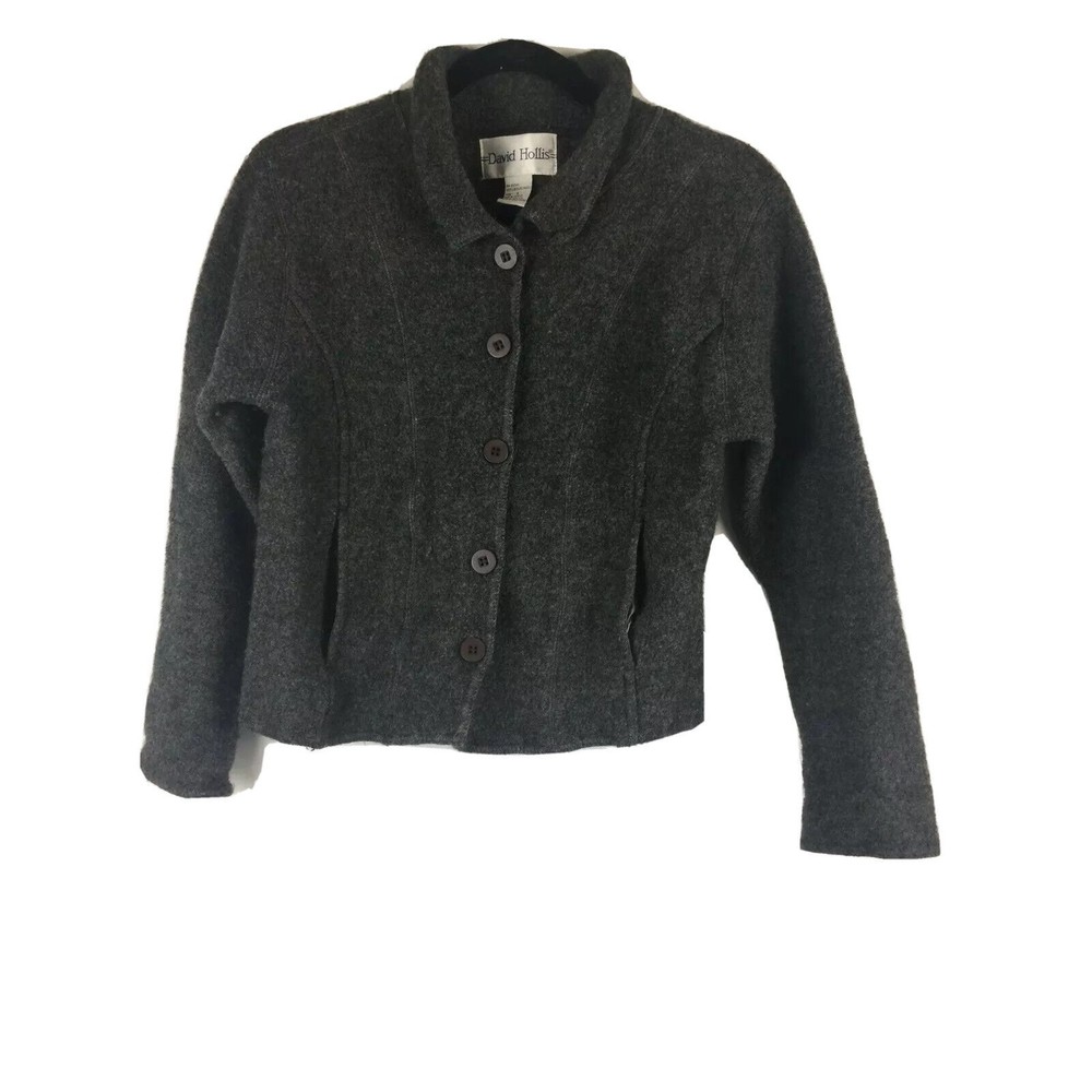 David Hollis Boiled Wool Jacket Gray Button Front Collared Blazer Womens Small